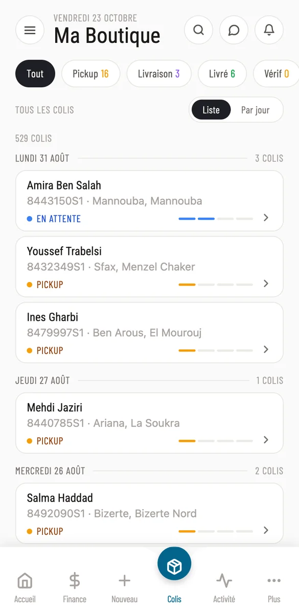 Liste des colis dans BizGo